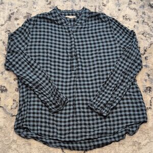 Beachlunchlounge Women’s Large Blue Black Gingham Plaid Button Down Blouse